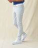 Hero Pant in silver, side view on model 