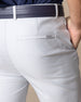 Men's Maverick Twill Pant in Silver, close detailed view of the back pocket featuring the silver twill fabric and embroidered brand logo, with navy belt
