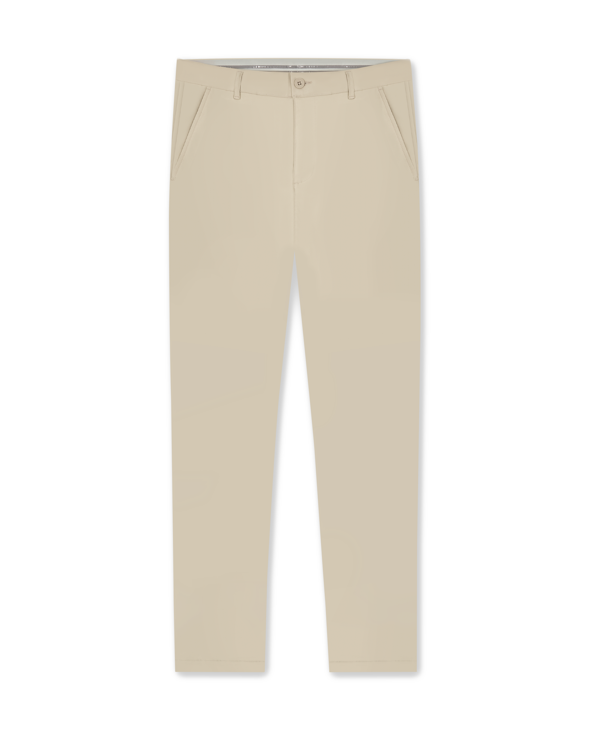 Men's Maverick Twill Pant in Cashew, flat lay front view featuring a solid tan with a button waistband closure and slant front pockets