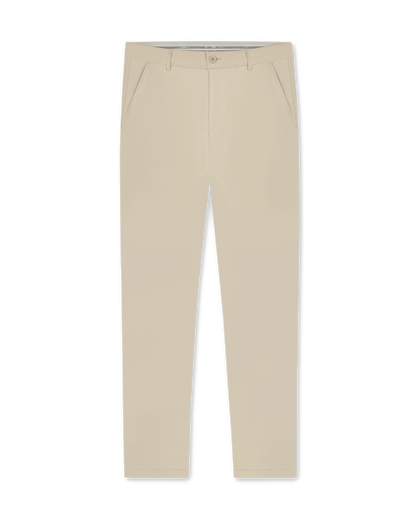 Men's Maverick Twill Pant in Cashew, flat lay front view featuring a solid tan with a button waistband closure and slant front pockets