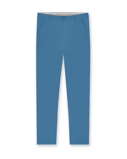Men's Maverick Twill Pant in Petrol, flat lay front view featuring a solid blue with a button waistband closure and slant front pockets