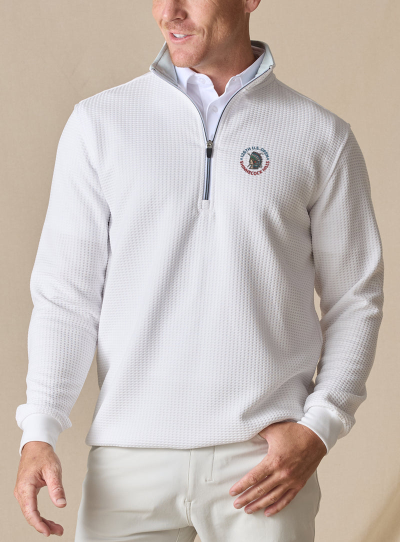 Men’s Optic Quarter-Zip in white with 126th U.S. Open Shinnecock Hills logo, on-model front view