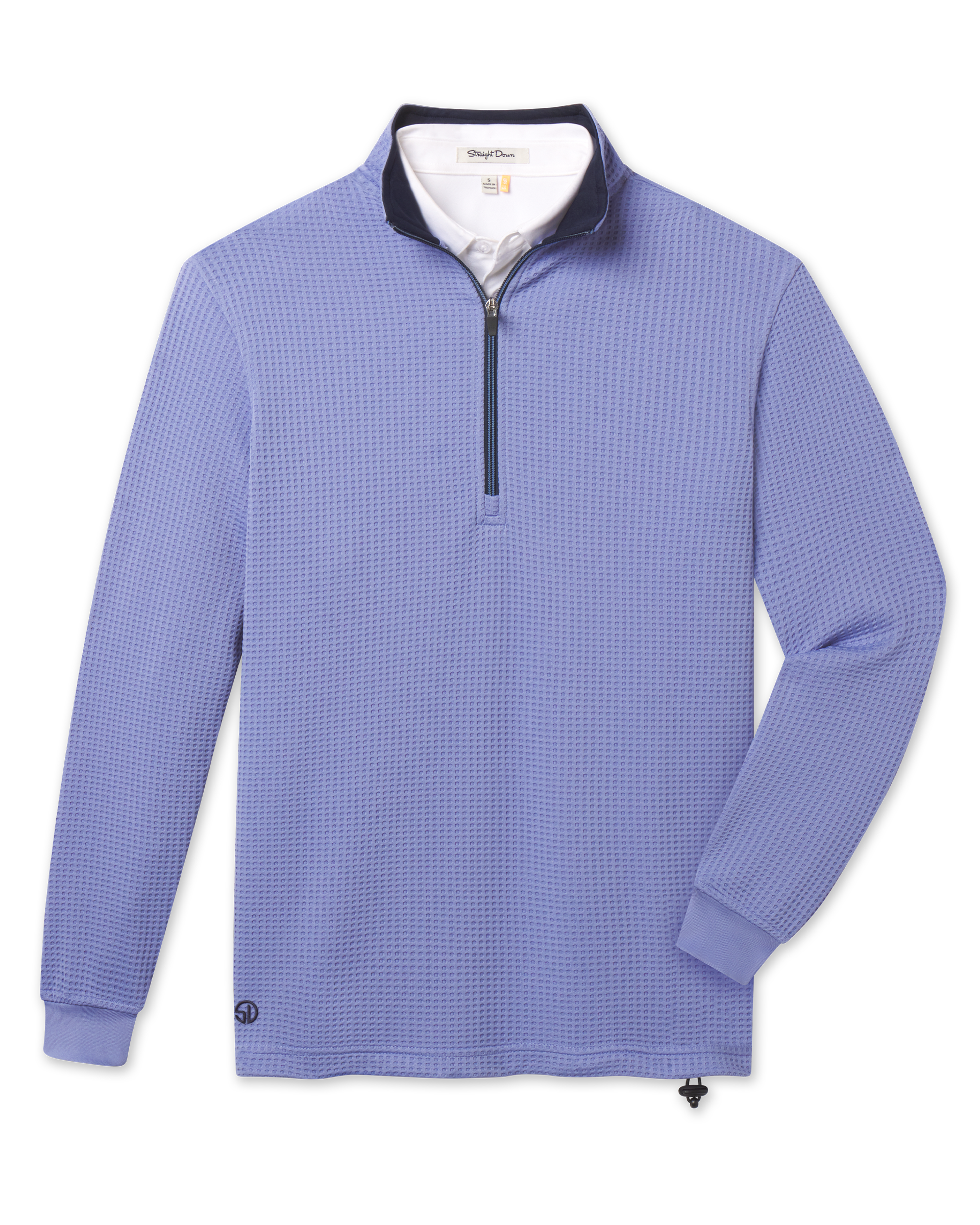 Optic Quarter Zip in Blue Shade with a textured waffle knit, stand collar and zippered neckline.