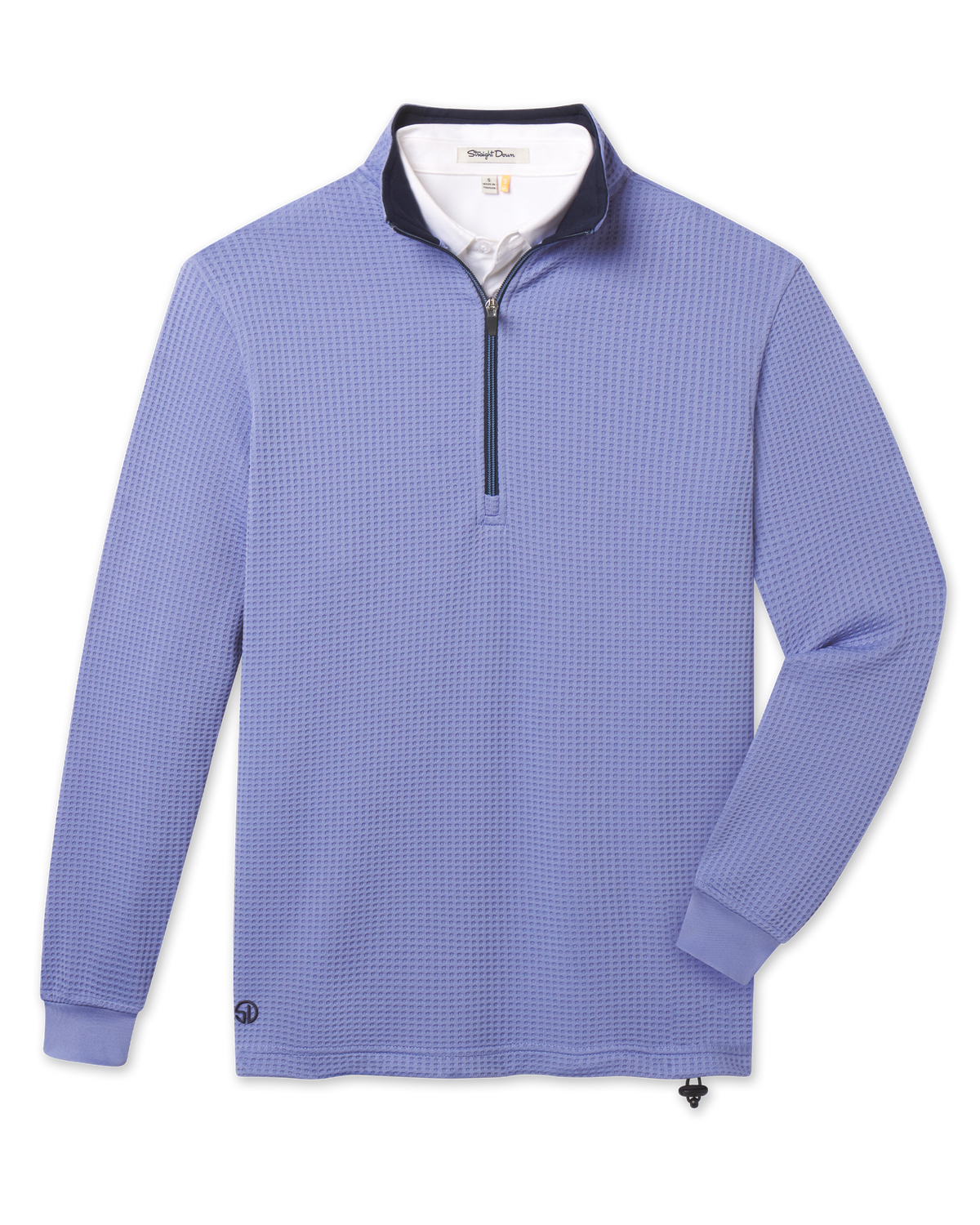 Optic Quarter Zip in Blue Shade with a textured waffle knit, stand collar and zippered neckline.