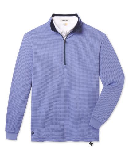 Optic Quarter Zip in Blue Shade with a textured waffle knit, stand collar and zippered neckline.