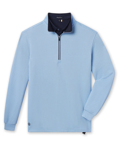 Men’s Optic quarter zip in carolina blue with navy contrast collar, flat lay front view