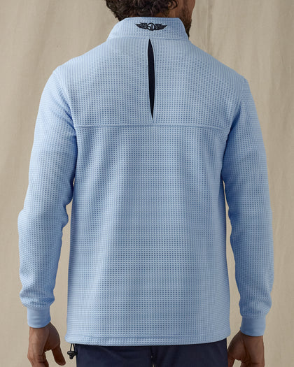 Men’s Optic quarter zip in carolina blue with navy contrast collar, model back view
