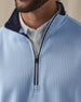 Men’s Optic quarter zip in carolina blue with navy contrast collar, zipper detail 