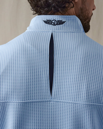 Men’s Optic quarter zip in carolina blue with navy contrast collar, back collar and fabric detail 