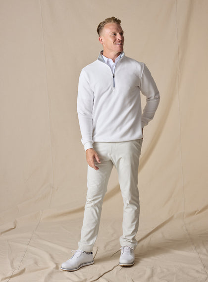 Men’s Optic Quarter Zip in white, full outfit view styled with light pants