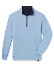Men’s Optic quarter zip in carolina blue with navy contrast collar, flat lay front view