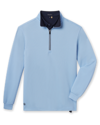 Men’s Optic quarter zip in carolina blue with navy contrast collar, flat lay front view