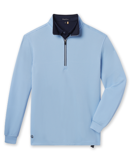 Men’s Optic quarter zip in carolina blue with navy contrast collar, flat lay front view
