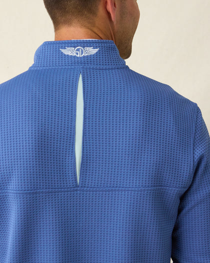 Close-up back view of Men’s Optic Quarter-Zip in moonlight blue showing vent detail and embroidered collar logo