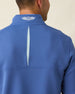 Close-up back view of Men’s Optic Quarter-Zip in moonlight blue showing vent detail and embroidered collar logo