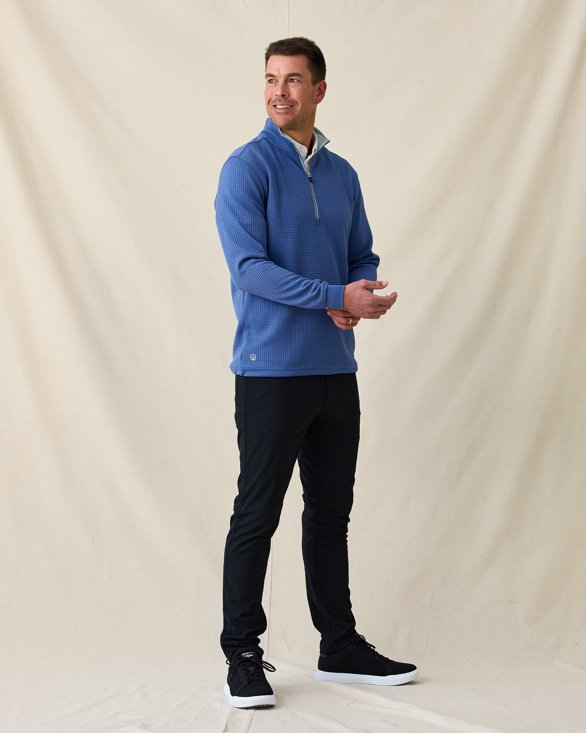 Men’s Optic Quarter-Zip in moonlight blue, full-body on-model styled with dark pants