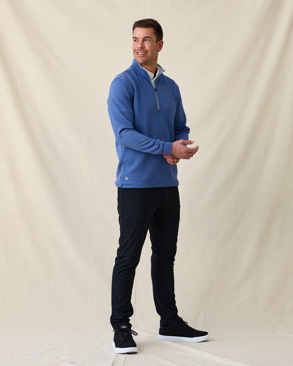 Men’s Optic Quarter-Zip in moonlight blue, full-body on-model styled with dark pants