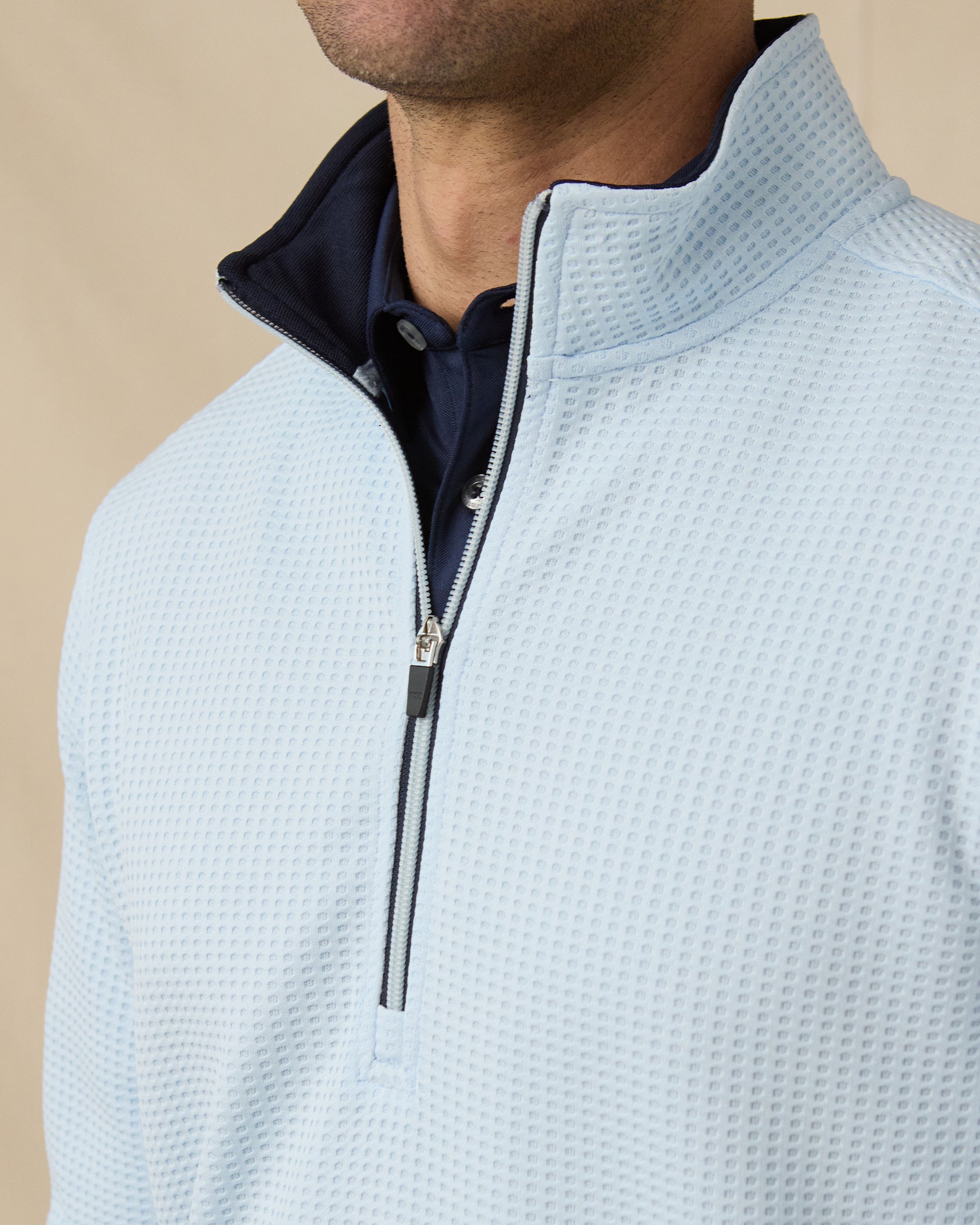Optic Quarter Zip in Nantucket Blue with contrast collar and zipper detail close-up