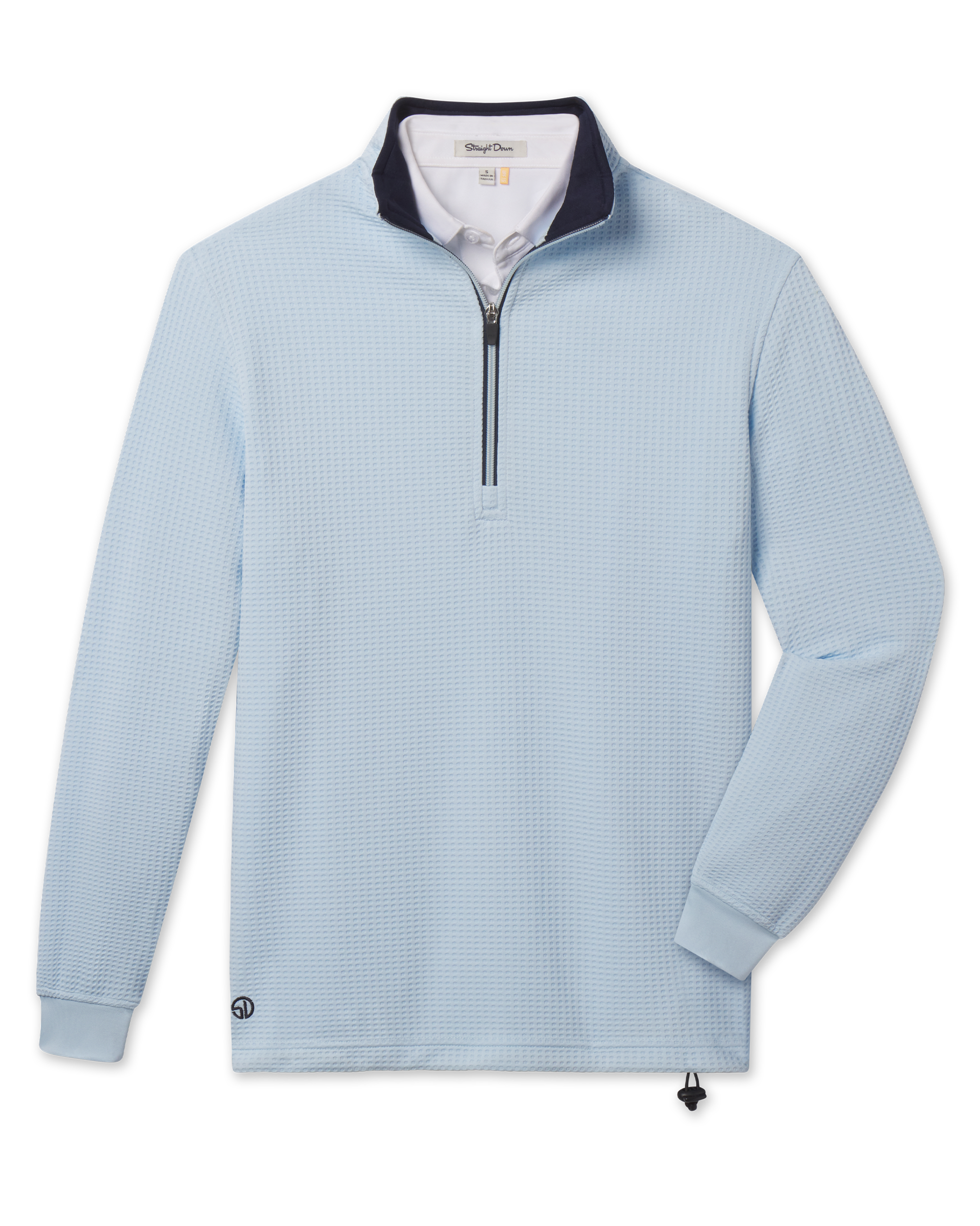 Optic Quarter Zip in Nantucket blue with waffle knit textured performance fabric and contrast collar, front view