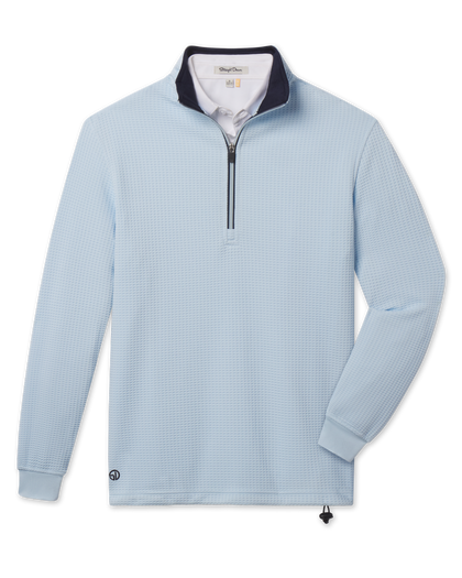 Optic Quarter Zip in Nantucket blue with waffle knit textured performance fabric and contrast collar, front view