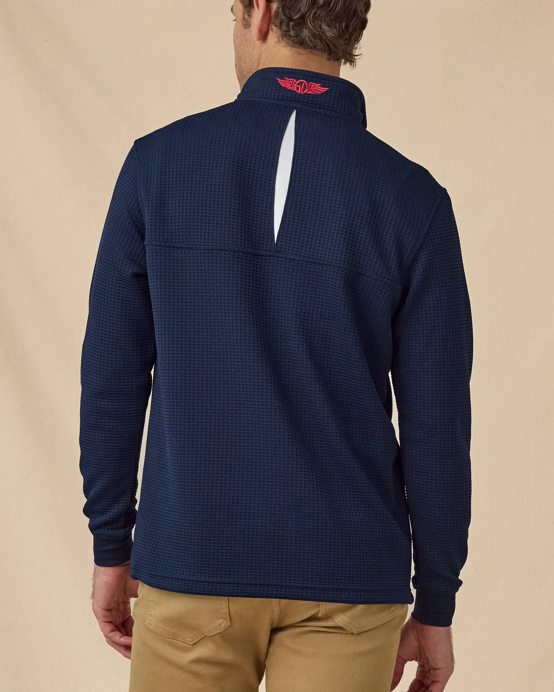 Men’s Optic Quarter Zip in New Indigo / White / Flag Red, back view