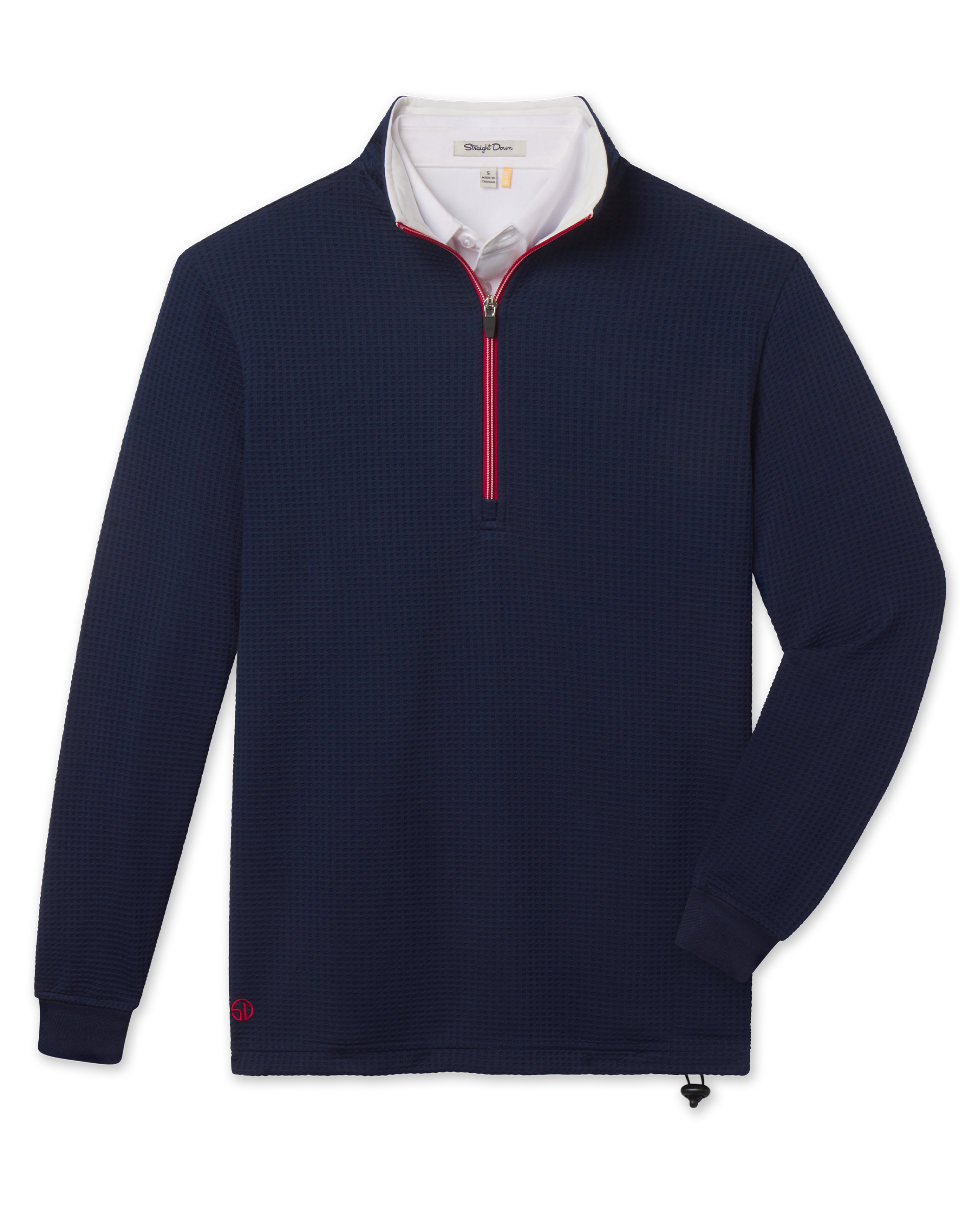 Optic Quarter Zip in New Indigo body, White inner collar and Flag Red zipper trim, front product view