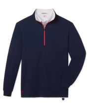 Optic Quarter Zip in New Indigo body, White inner collar and Flag Red zipper trim, front product view