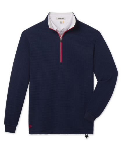 Optic Quarter Zip in New Indigo body, White inner collar and Flag Red zipper trim, front product view