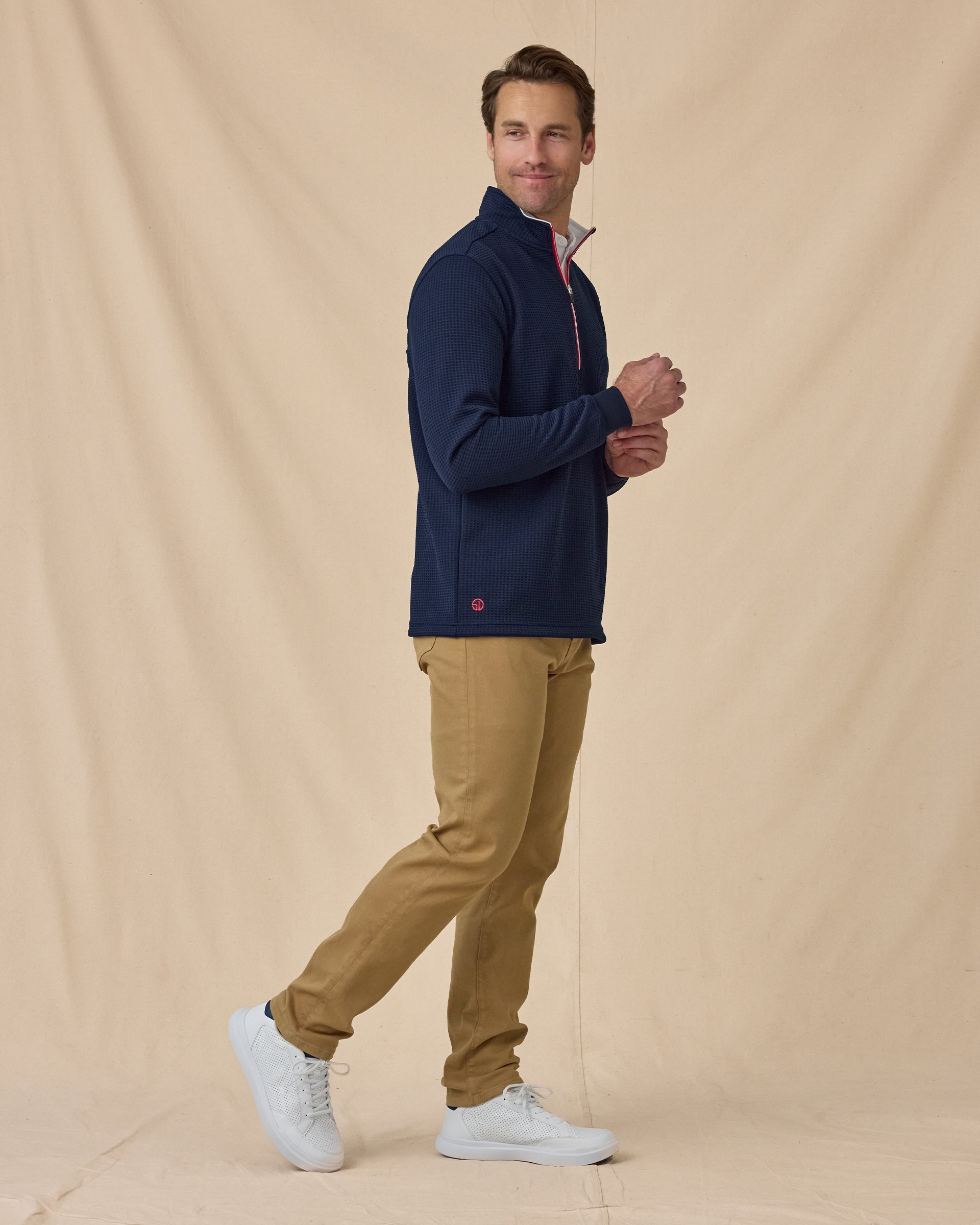 Men’s Optic Quarter Zip in New Indigo / White / Flag Red, styled full outfit view with khaki pants