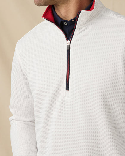 Optic Quarter Zip in White / Flag Red / New Indigo with contrast collar and zipper detail