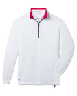 Optic Quarter Zip in White body Flag Red inner collar and New Indigo zipper trim, front product view