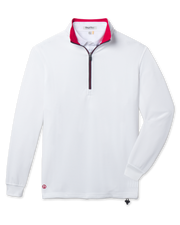 Optic Quarter Zip in White body Flag Red inner collar and New Indigo zipper trim, front product view