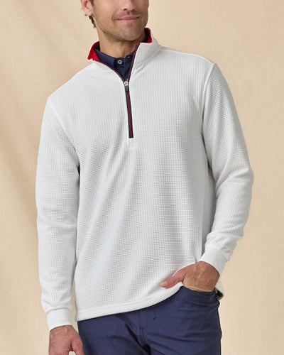 Men’s Optic Quarter Zip in White / Flag Red / New Indigo, front model view