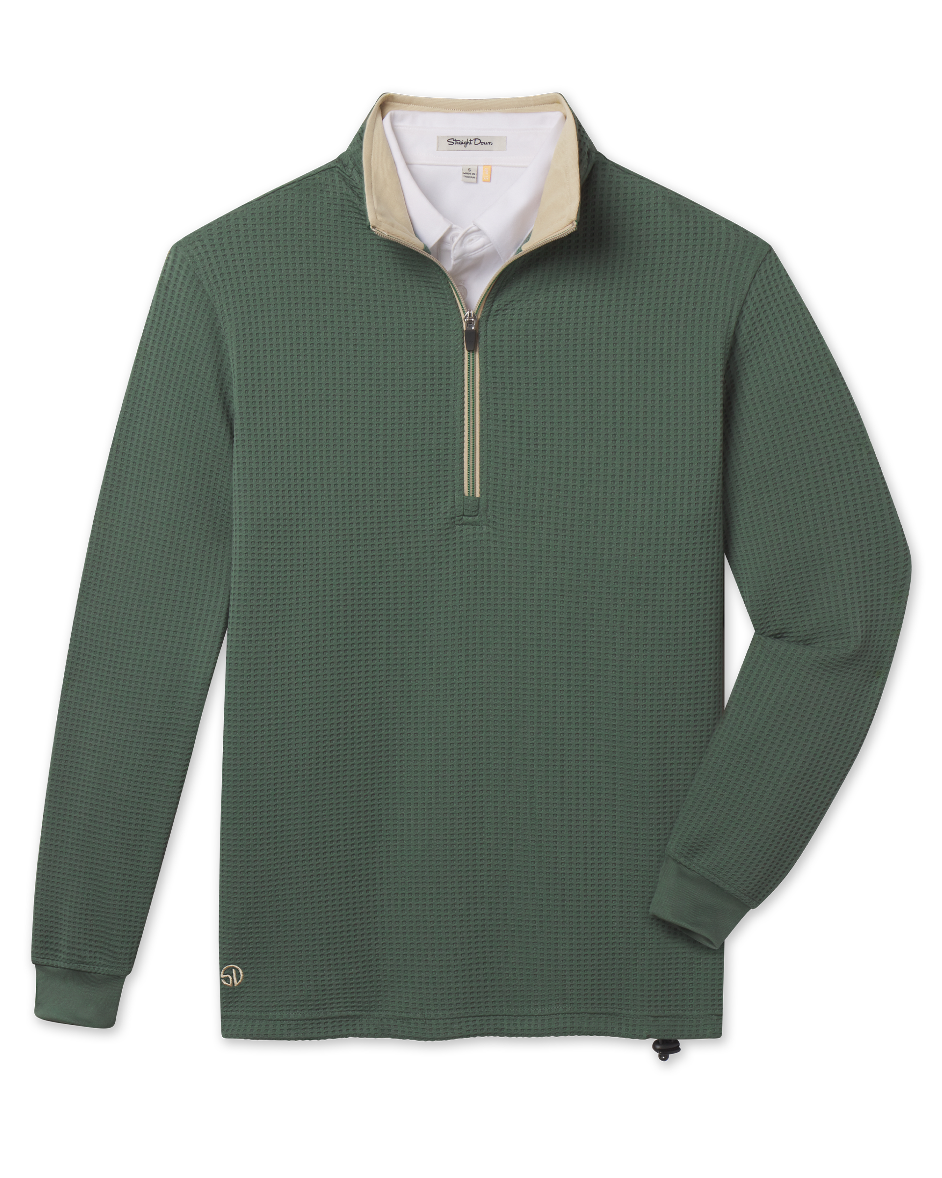 Optic Quarter Zip in Dark Forest featuring textured waffle-knit fabric, a contrast beige collar lining, quarter-zip closure, cuffed sleeves, and embroidered logo near the hem.