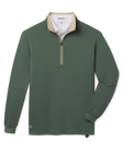 Optic Quarter Zip in Dark Forest featuring textured waffle-knit fabric, a contrast beige collar lining, quarter-zip closure, cuffed sleeves, and embroidered logo near the hem.