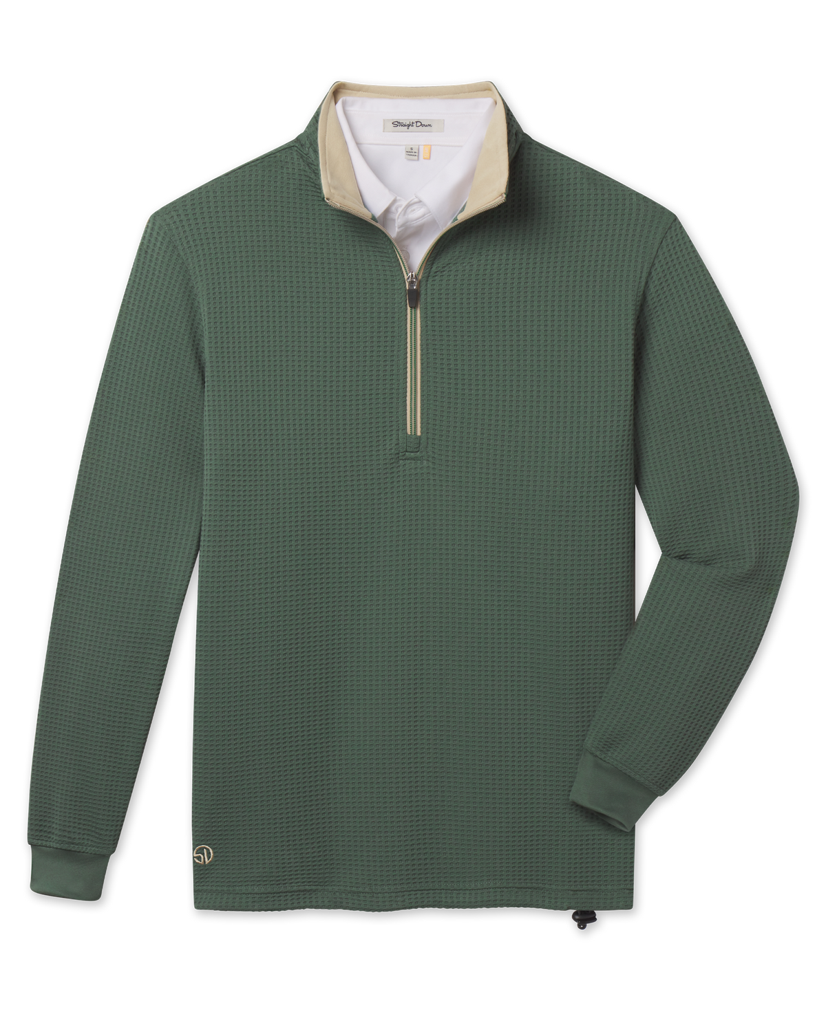 Optic Quarter Zip in Dark Forest featuring textured waffle-knit fabric, a contrast beige collar lining, quarter-zip closure, cuffed sleeves, and embroidered logo near the hem.