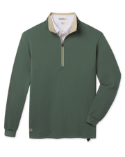 Optic Quarter Zip in Dark Forest featuring textured waffle-knit fabric, a contrast beige collar lining, quarter-zip closure, cuffed sleeves, and embroidered logo near the hem.