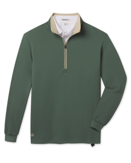 Optic Quarter Zip in Dark Forest featuring textured waffle-knit fabric, a contrast beige collar lining, quarter-zip closure, cuffed sleeves, and embroidered logo near the hem.