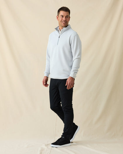 Optic Quarter Zip in silver, full outfit paired with black golf pants and black sneakers