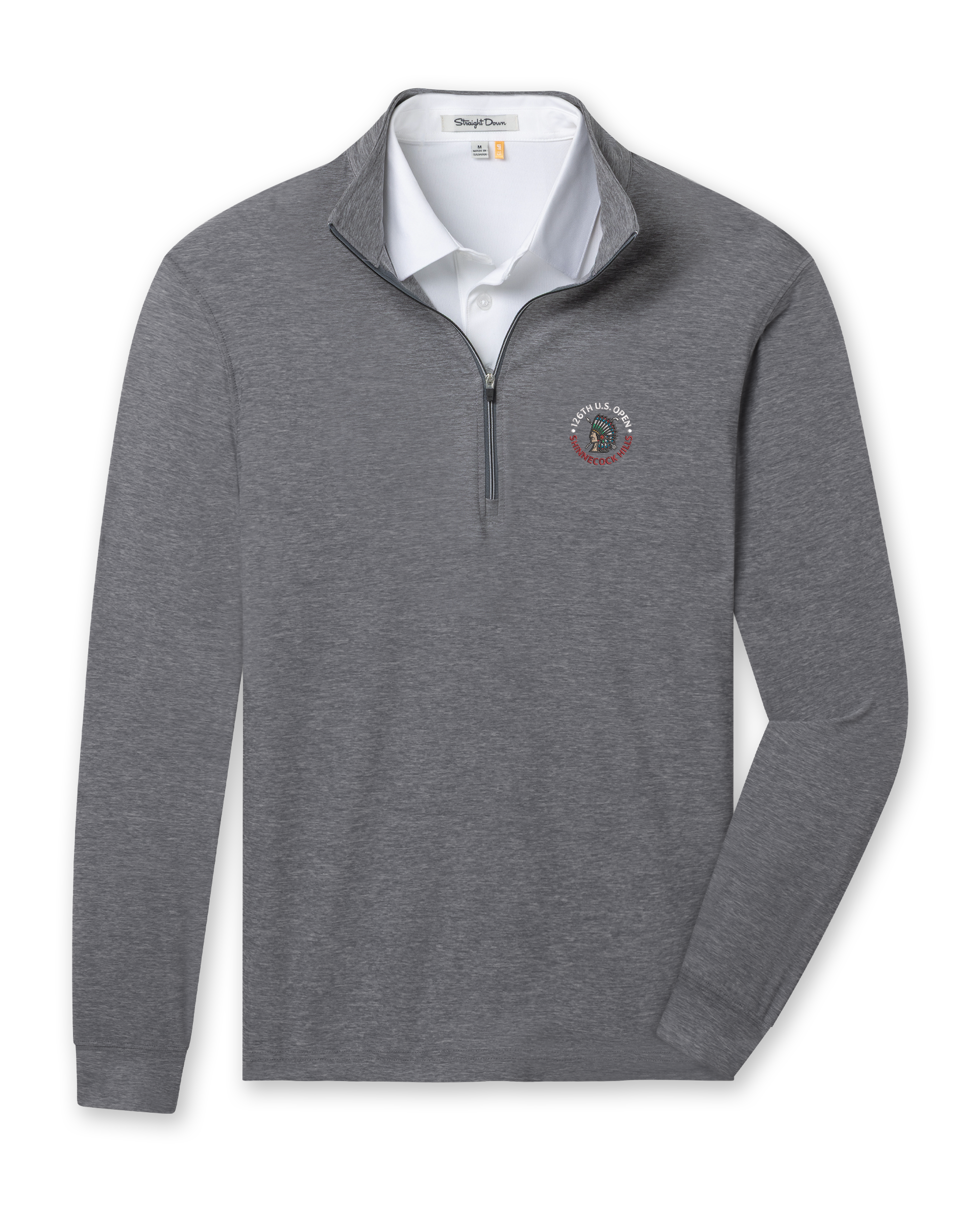 Men's Crusher Quarter Zip in Phantom Grey, flat lay, embroidered with 126th U.S. Open Shinnecock Hills chest logo
