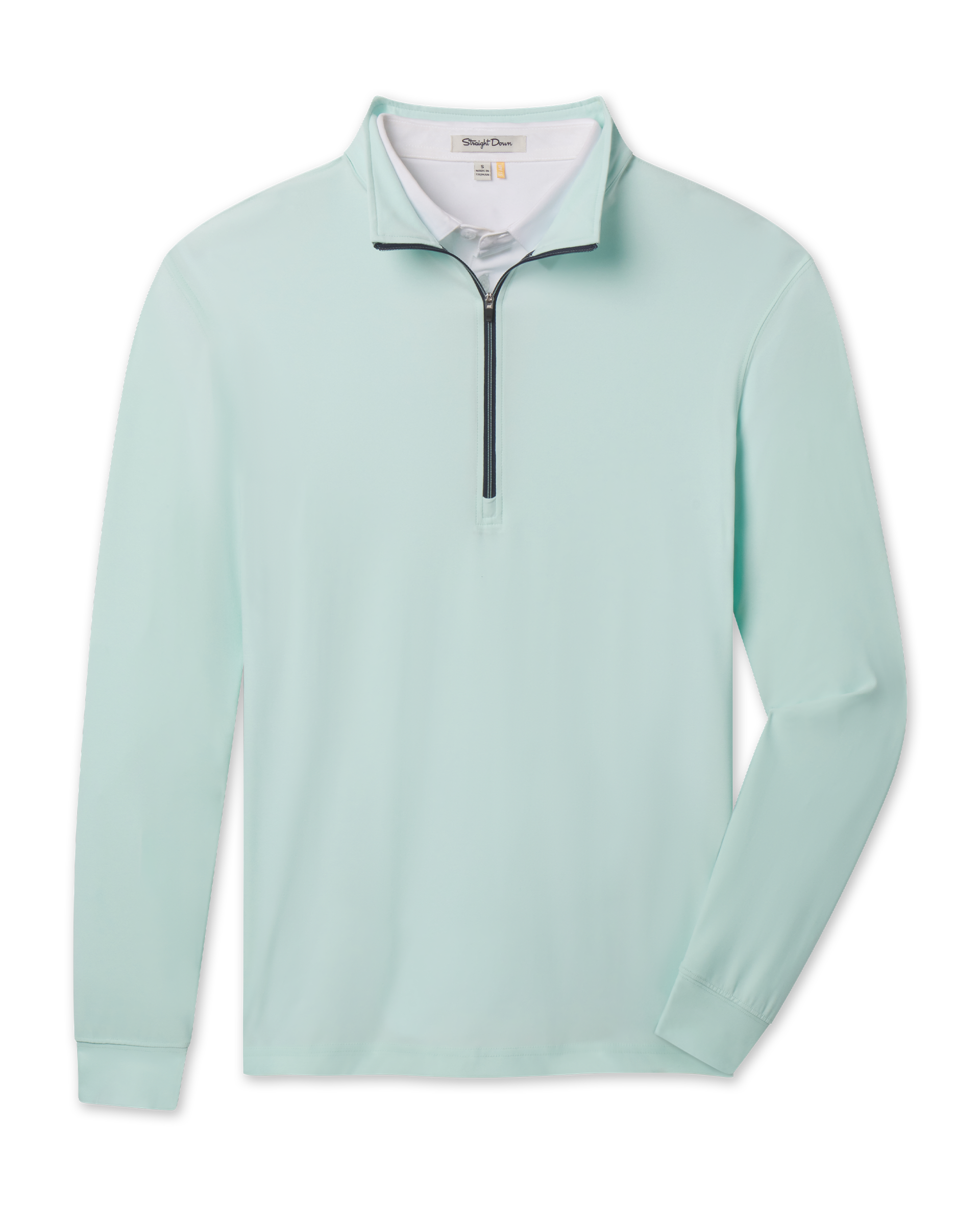 Crusher Quarter Zip in Mint Tea with a stand collar, contrasting dark zipper and long sleeves.