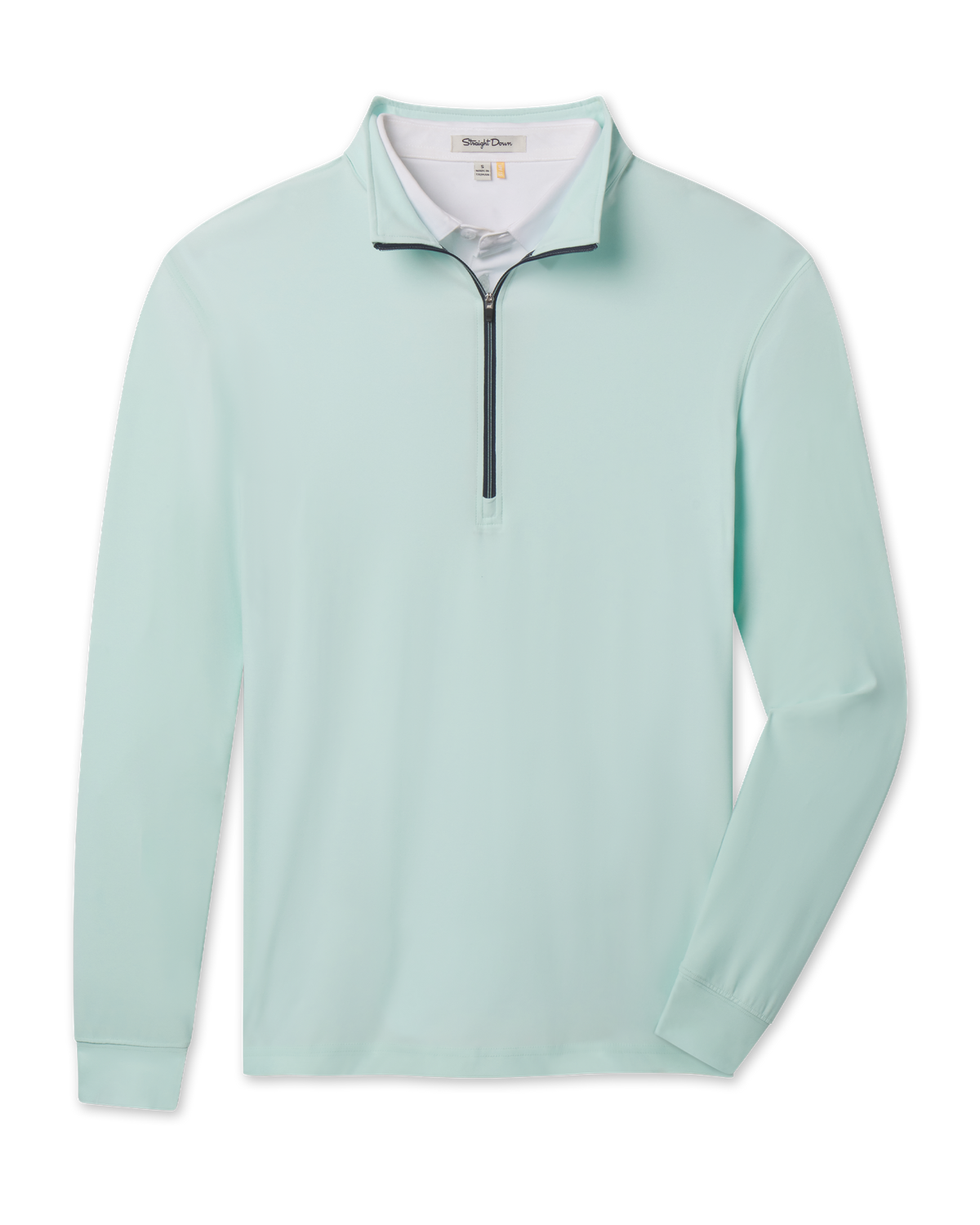 Crusher Quarter Zip in Mint Tea with a stand collar, contrasting dark zipper and long sleeves.