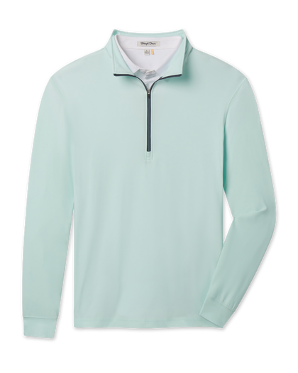 Crusher Quarter Zip in Mint Tea with a stand collar, contrasting dark zipper and long sleeves.