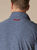 Men's Crusher Quarter Zip in New Indigo, detail close-up back view featuring a navy heathered body with red contrast logo embroidery at the upper back