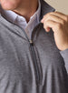 Men's Crusher Quarter Zip in Phantom, detail close-up view featuring a charcoal heathered body with contrast striped quarter-zip closure and metal zipper pull detail, layered over a white collared shirt