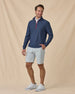Men’s Crusher Quarter Zip in Navy / Flag Red, styled full outfit view with light shorts layered over a polo