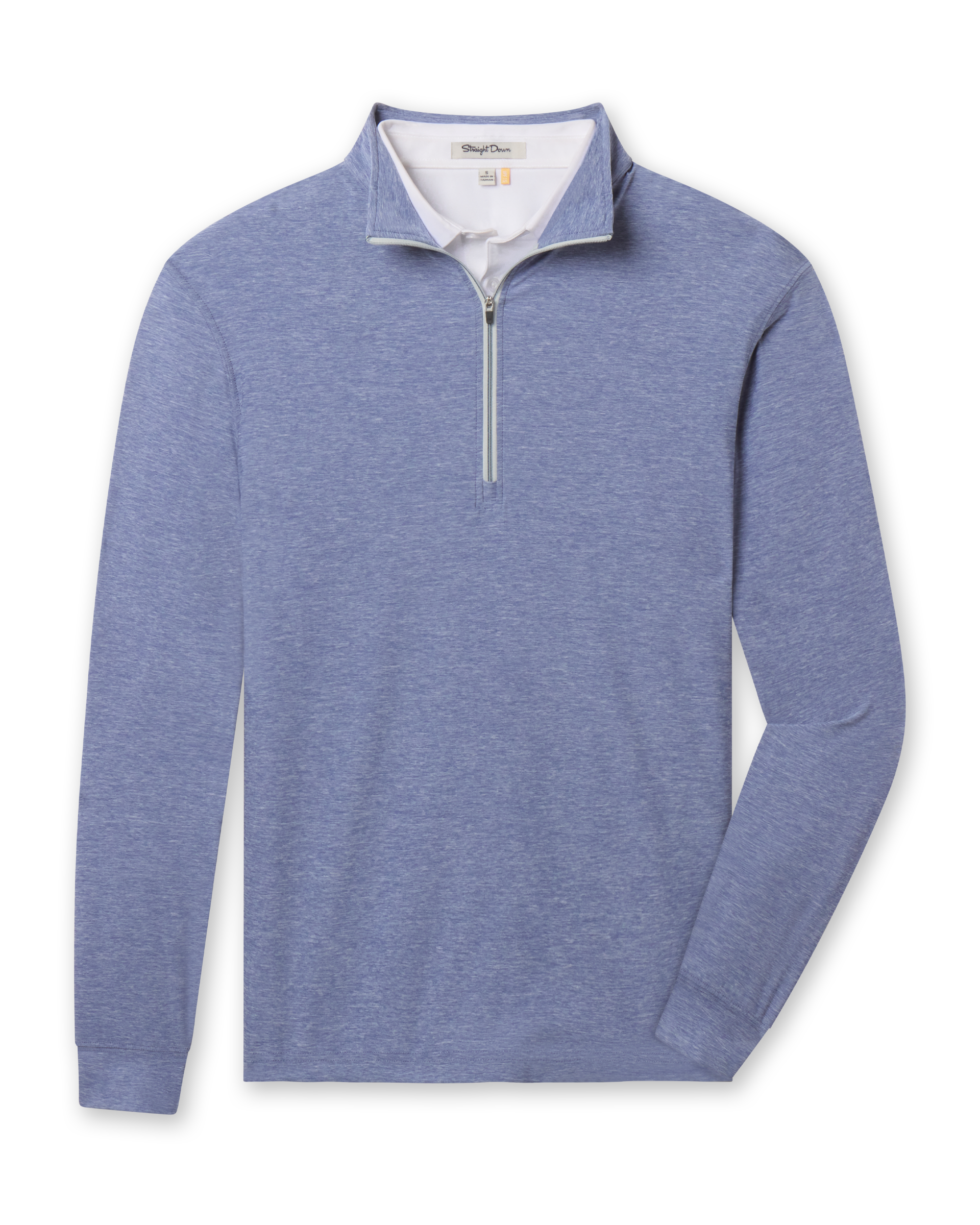 Crusher Quarter Zip in Moonlight featuring heathered blue fabric, a stand collar, contrast quarter-zip closure, and long sleeves.