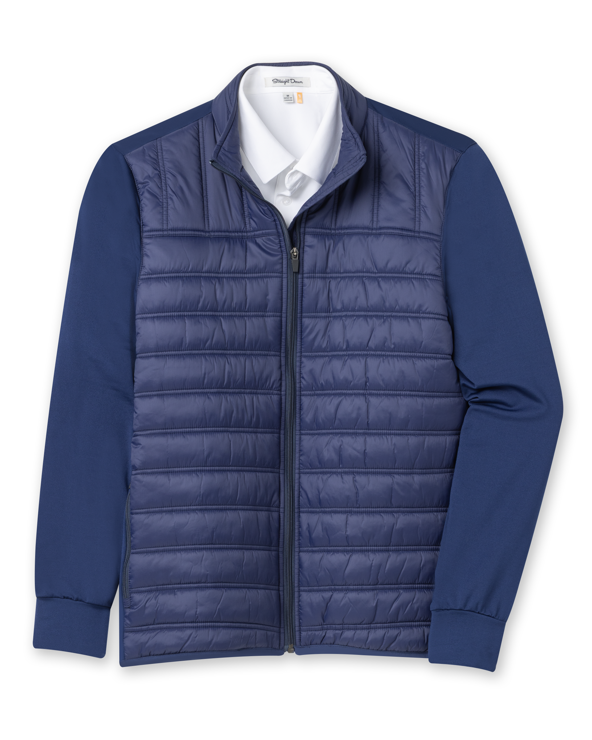 Men's Patton Jacket in Indigo, flat lay front view featuring a solid navy quilted insulated body with knit sleeves, full zip closure, stand collar, and side zip pocket