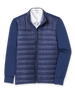 Men's Patton Jacket in Indigo, flat lay front view featuring a solid navy quilted insulated body with knit sleeves, full zip closure, stand collar, and side zip pocket