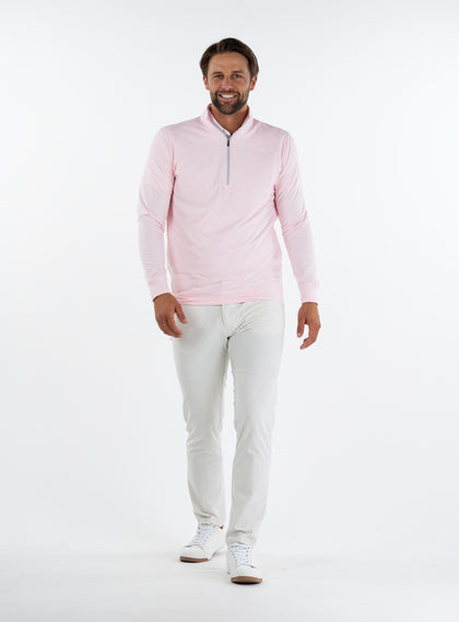 
Men's Ballard Quarter Zip Pullover with Soft Pink Base, full-body model view with white pants 